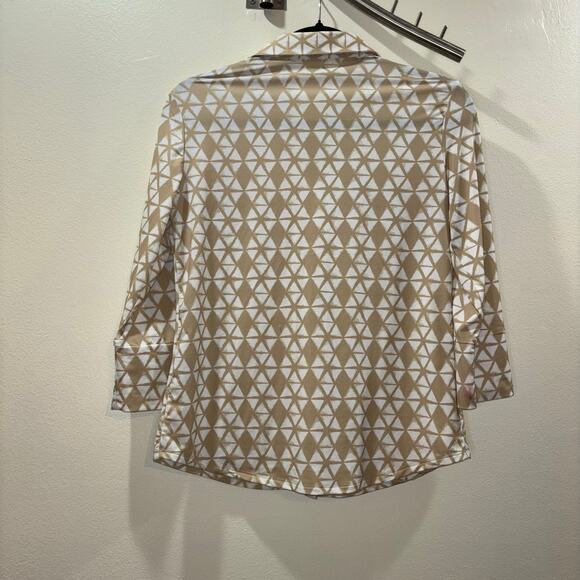 J McLaughlin Brynn Button Down 3/4 Sleeve Top- Tan and White Size XS - Picture 2 of 11